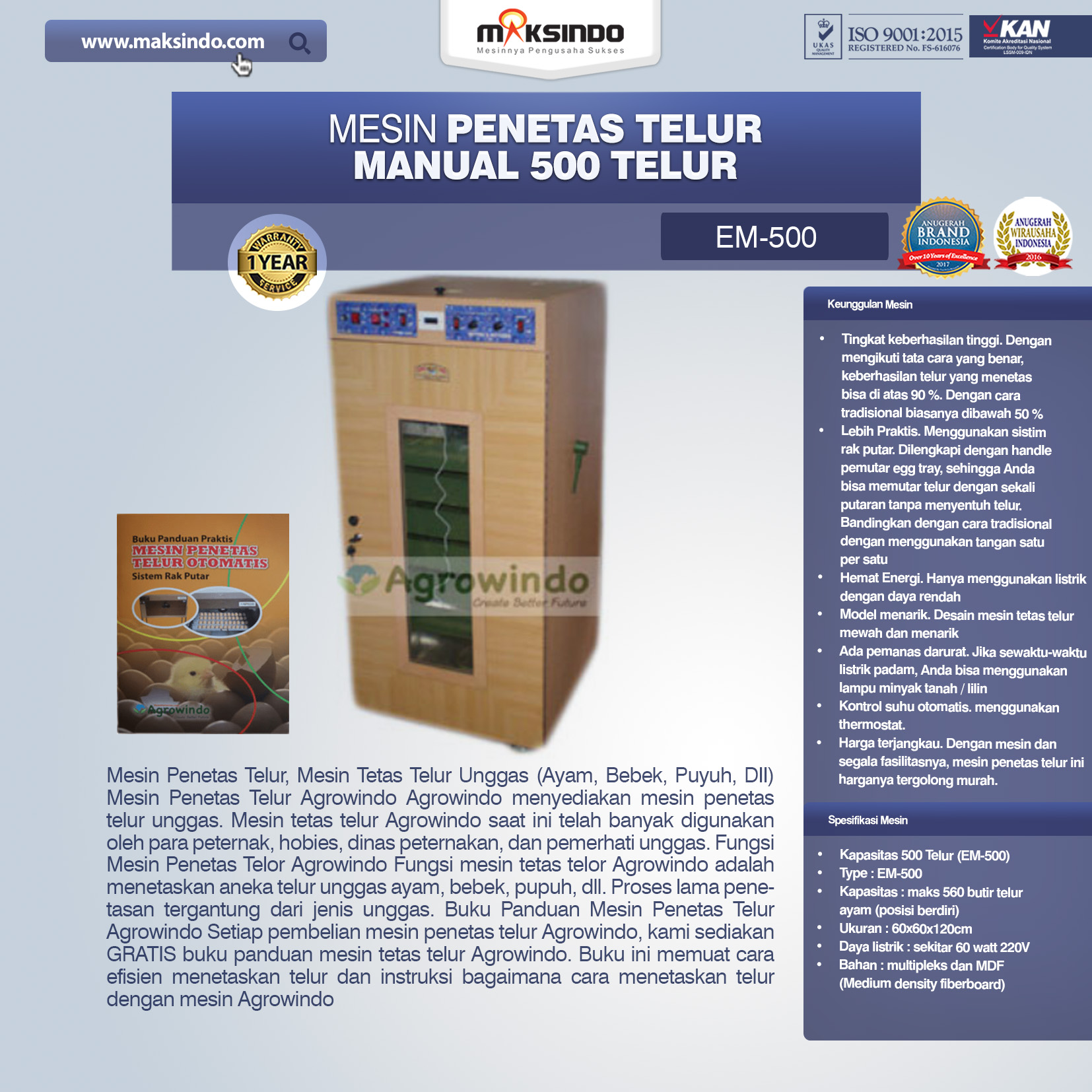 Jual Mesin Penetas Telur Manual 500 Telur (EM-500) di Malang