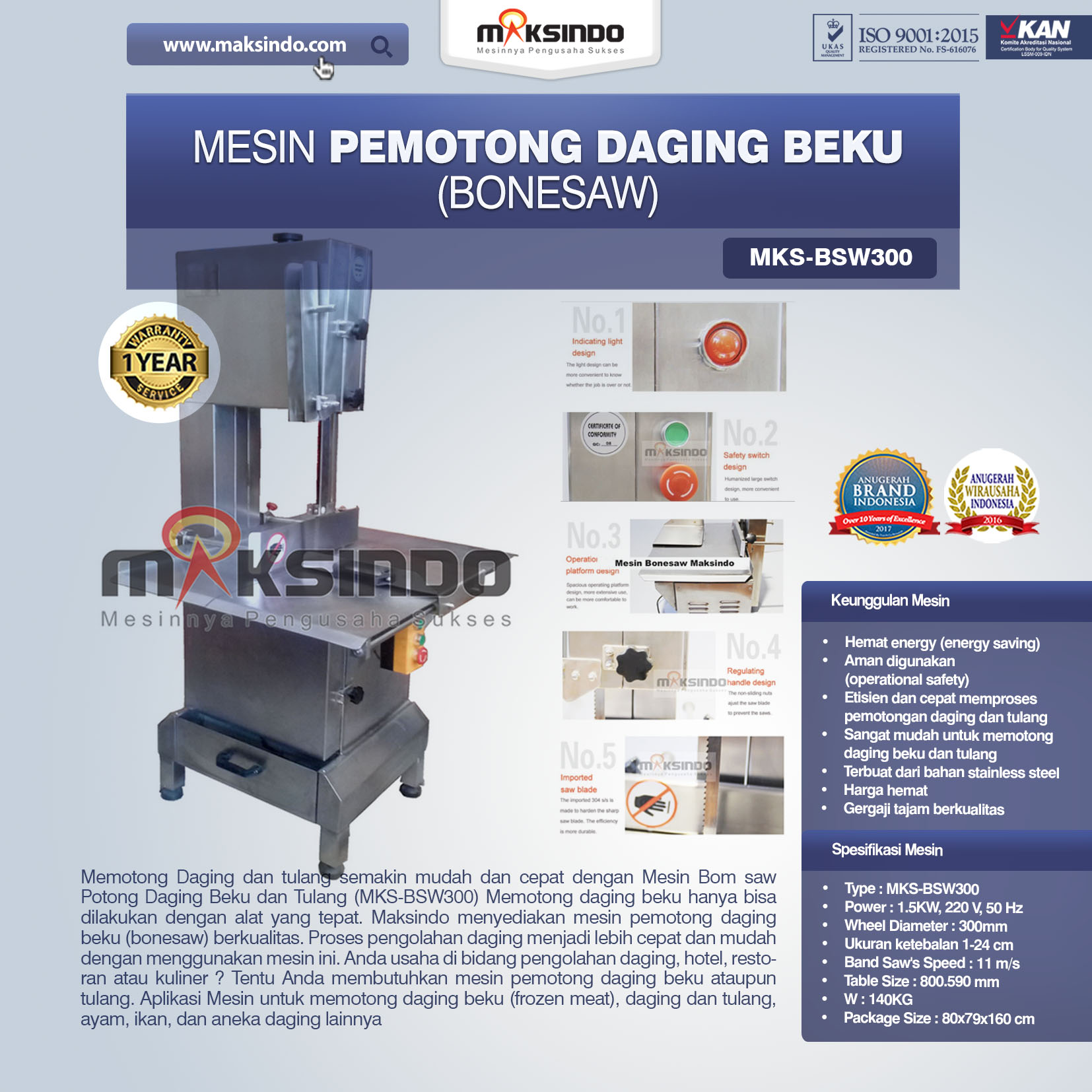 Jual Mesin Mesin Bonesaw Potong Daging Beku dan Tulang (MKS-BSW300) di Malang