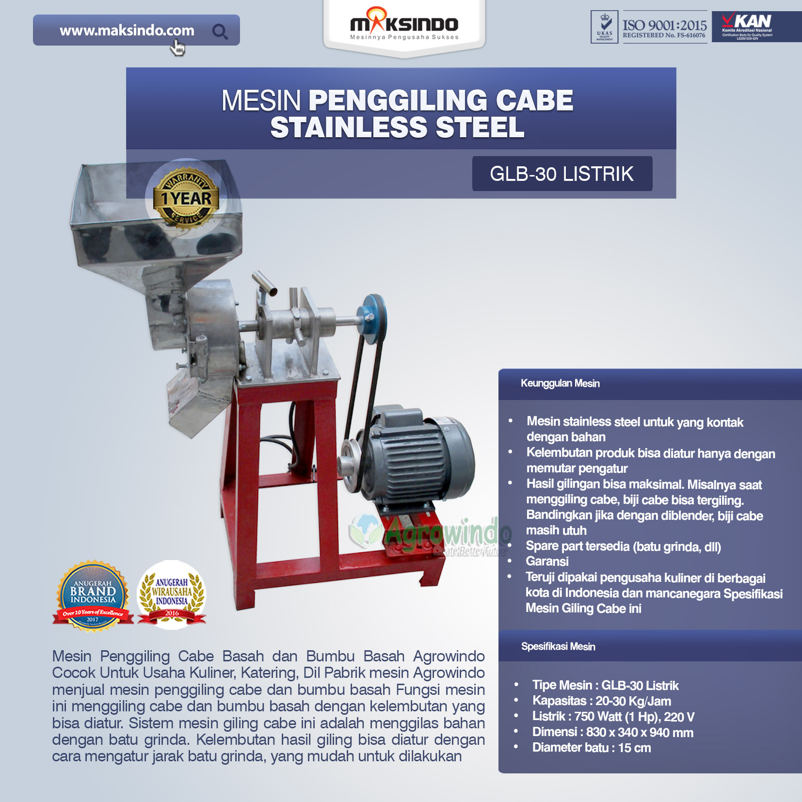 Jual Mesin Penggiling Cabe Stainless Steel di Malang