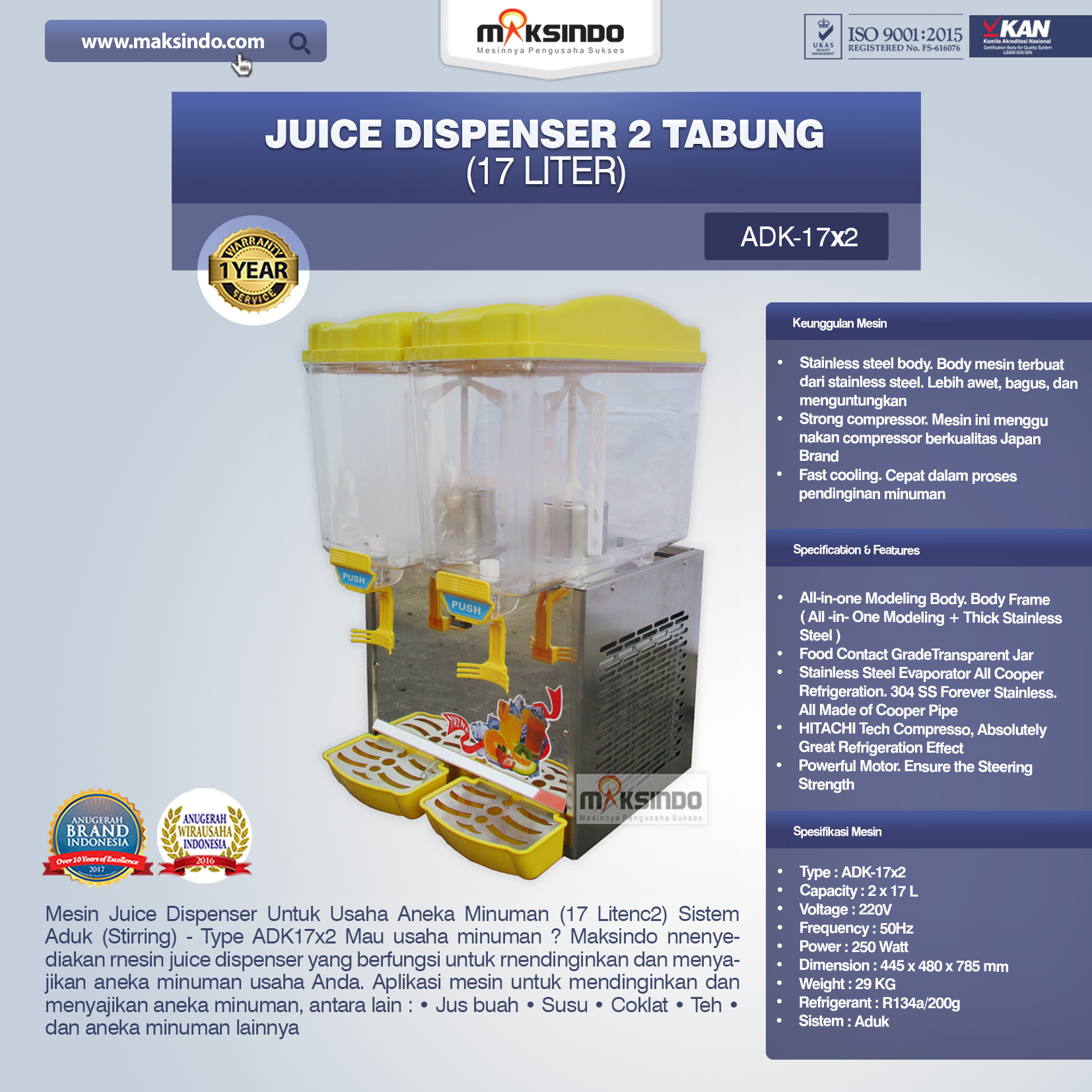 Jual Juice Dispenser 2 Tabung (17 Liter) – ADK17x2 di Malang
