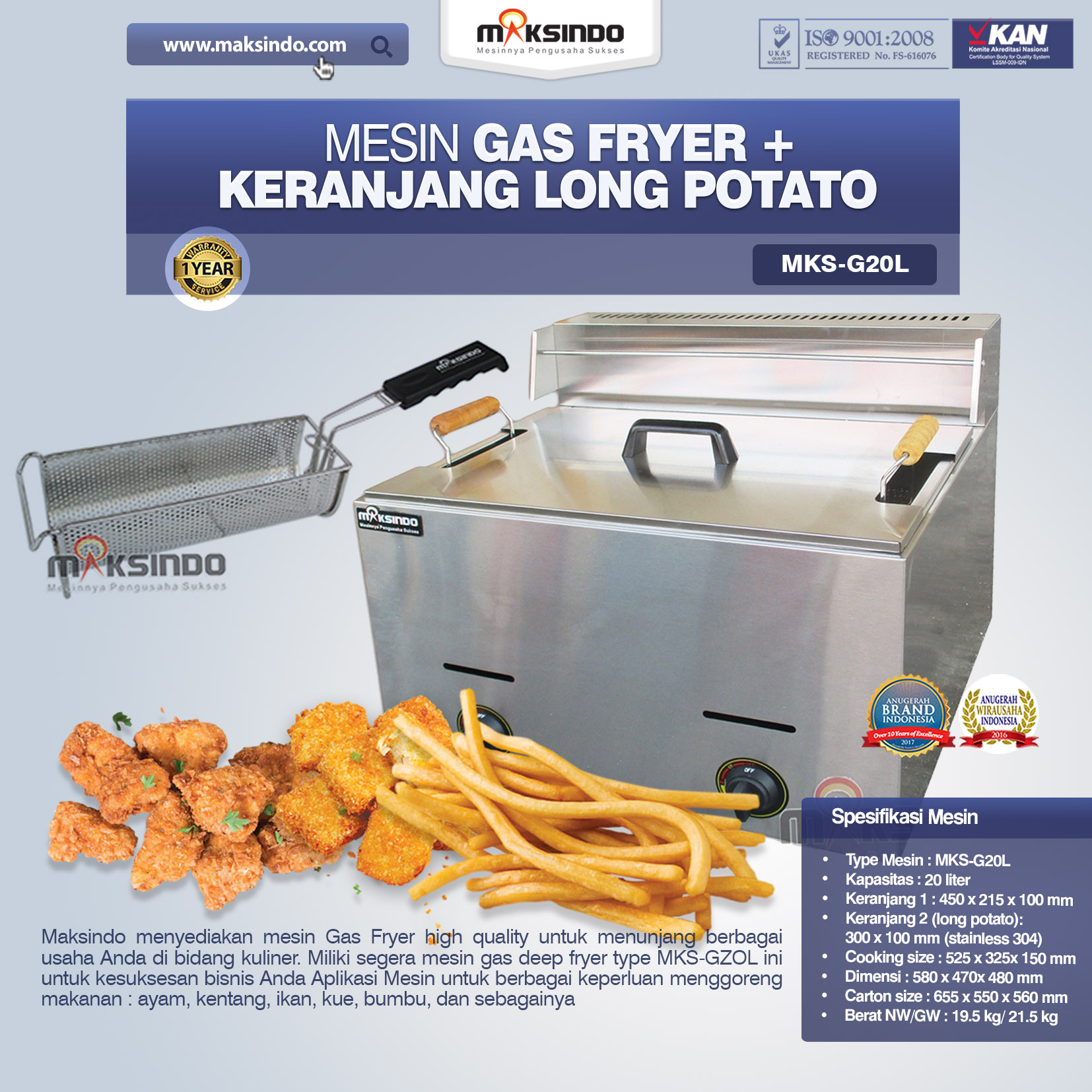 Jual Mesin Gas Fryer MKS-G20L + Keranjang Long Potato Di Malang