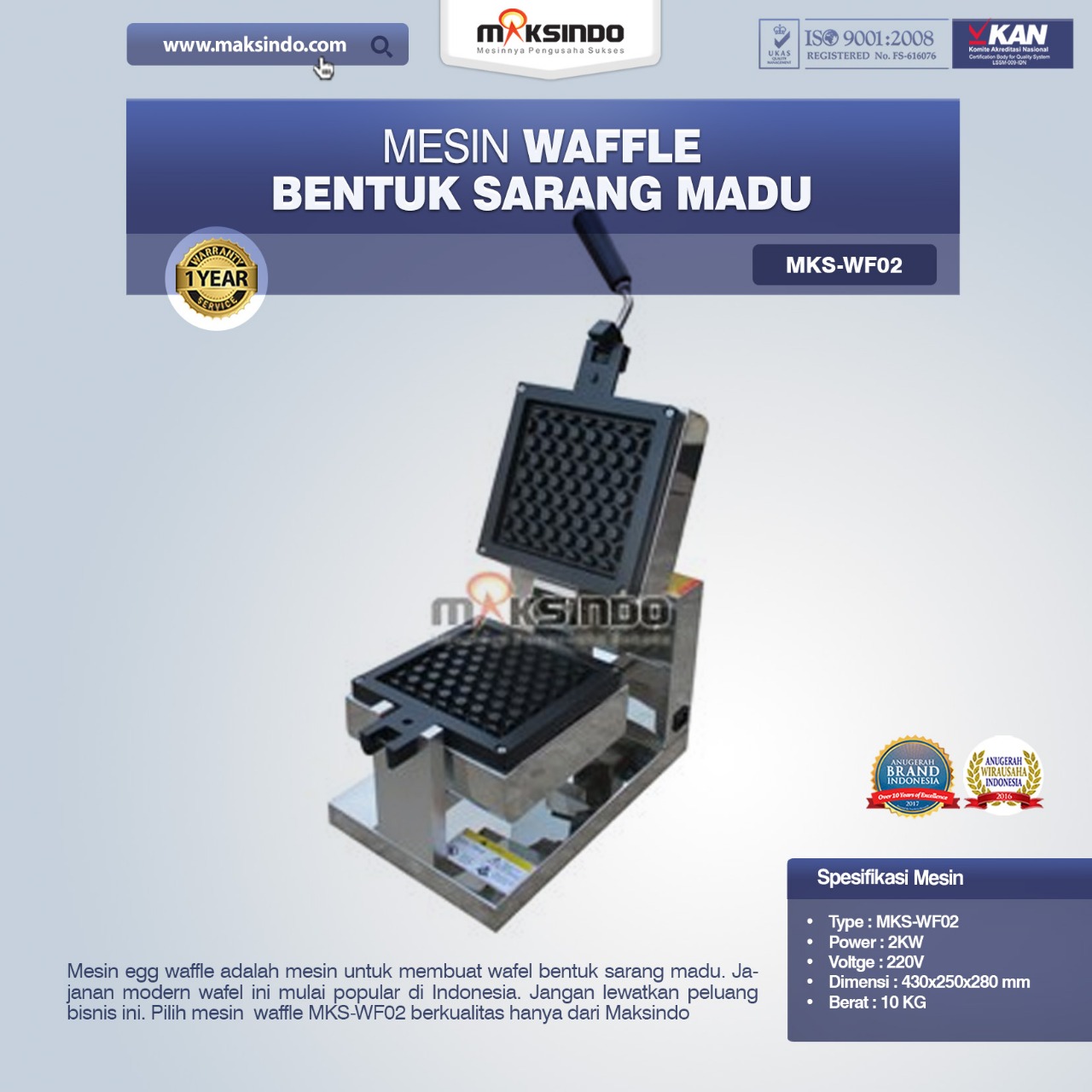 Jual Mesin Waffle Bentuk Sarang Madu MKS-WF02 di Malang