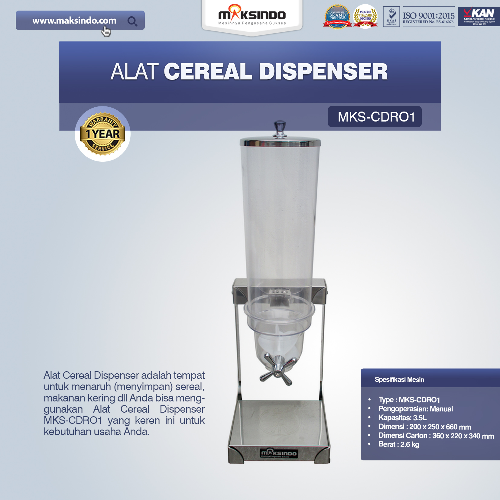 Jual Alat Cereal Dispenser MKS-CDR01 di Malang