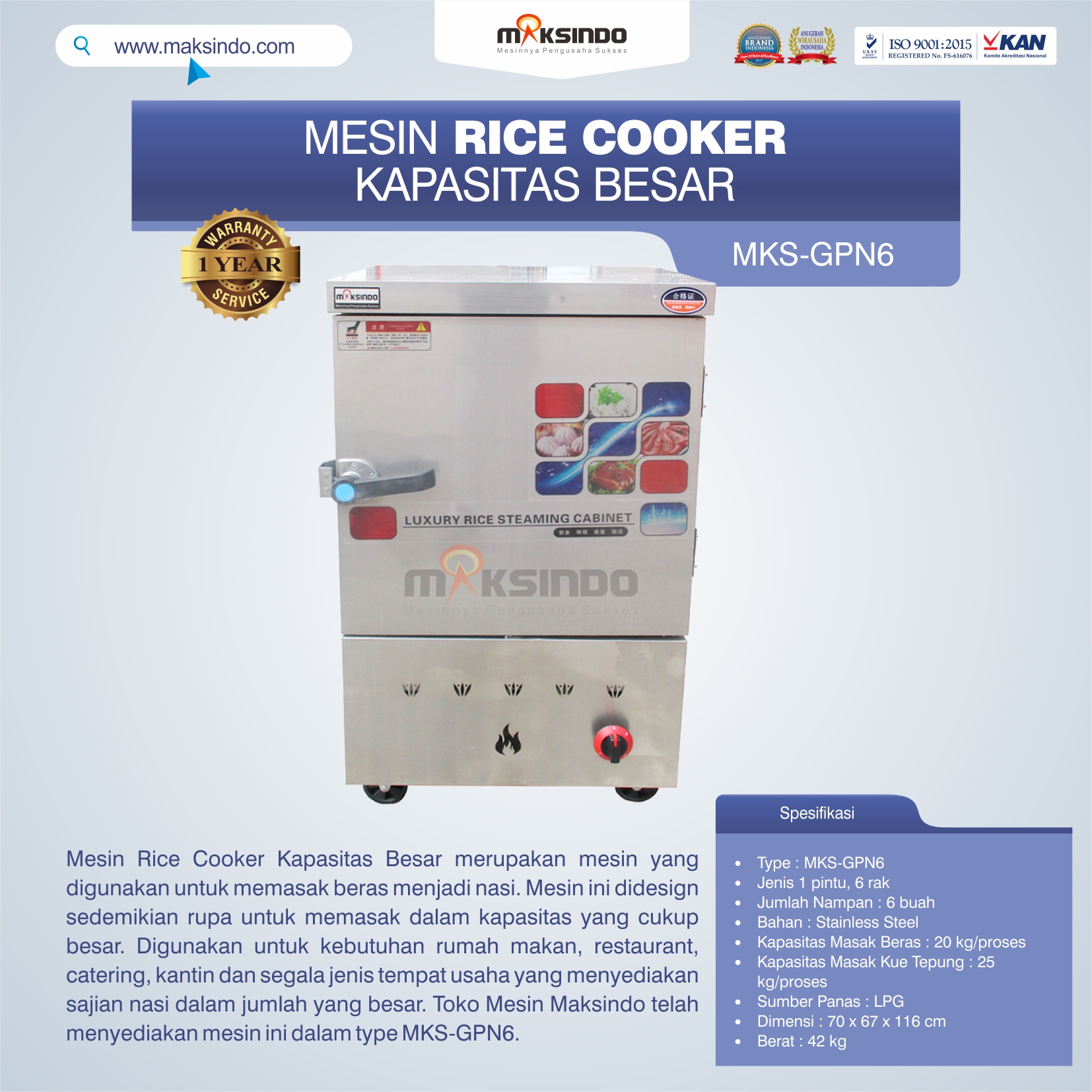 Jual Mesin Rice Cooker Kapasitas Besar MKS-GPN6 di Malang
