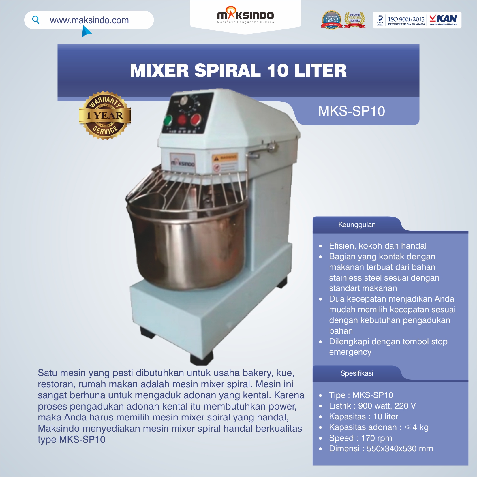 Jual Mixer Spiral 10 Liter (MKS-SP10) di Malang