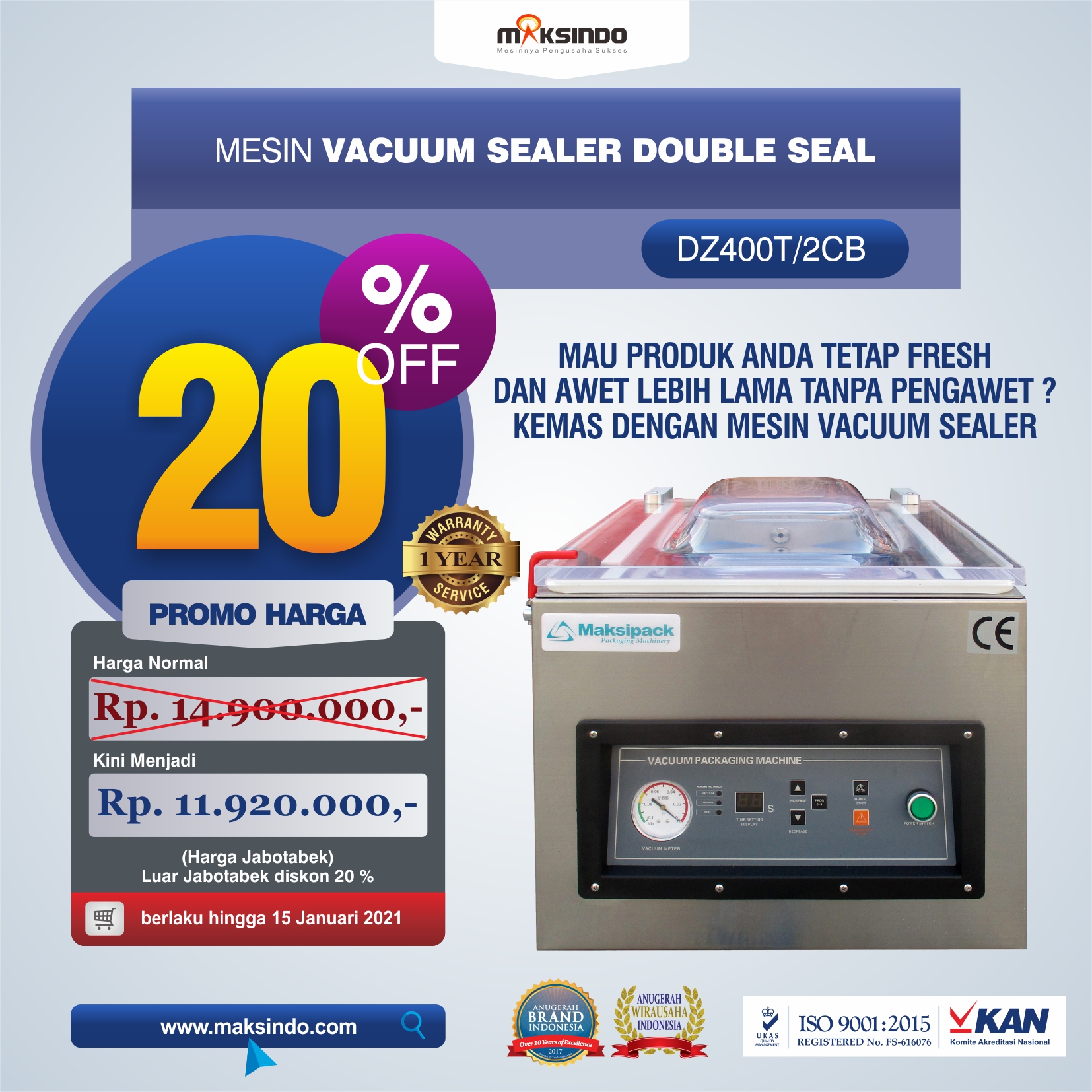 Jual Vacuum Sealer Double Seal DZ400T/2CB Di Malang