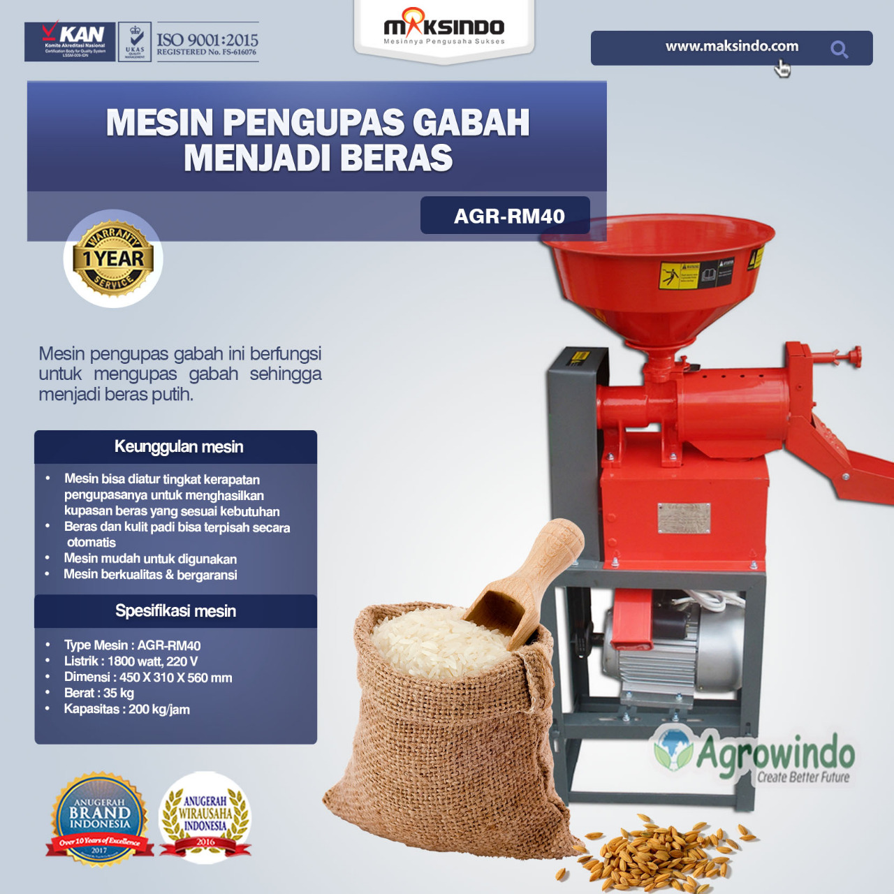 Jual Mesin Rice Huller Mini Pengupas Gabah – Beras AGR-RM40 di Malang