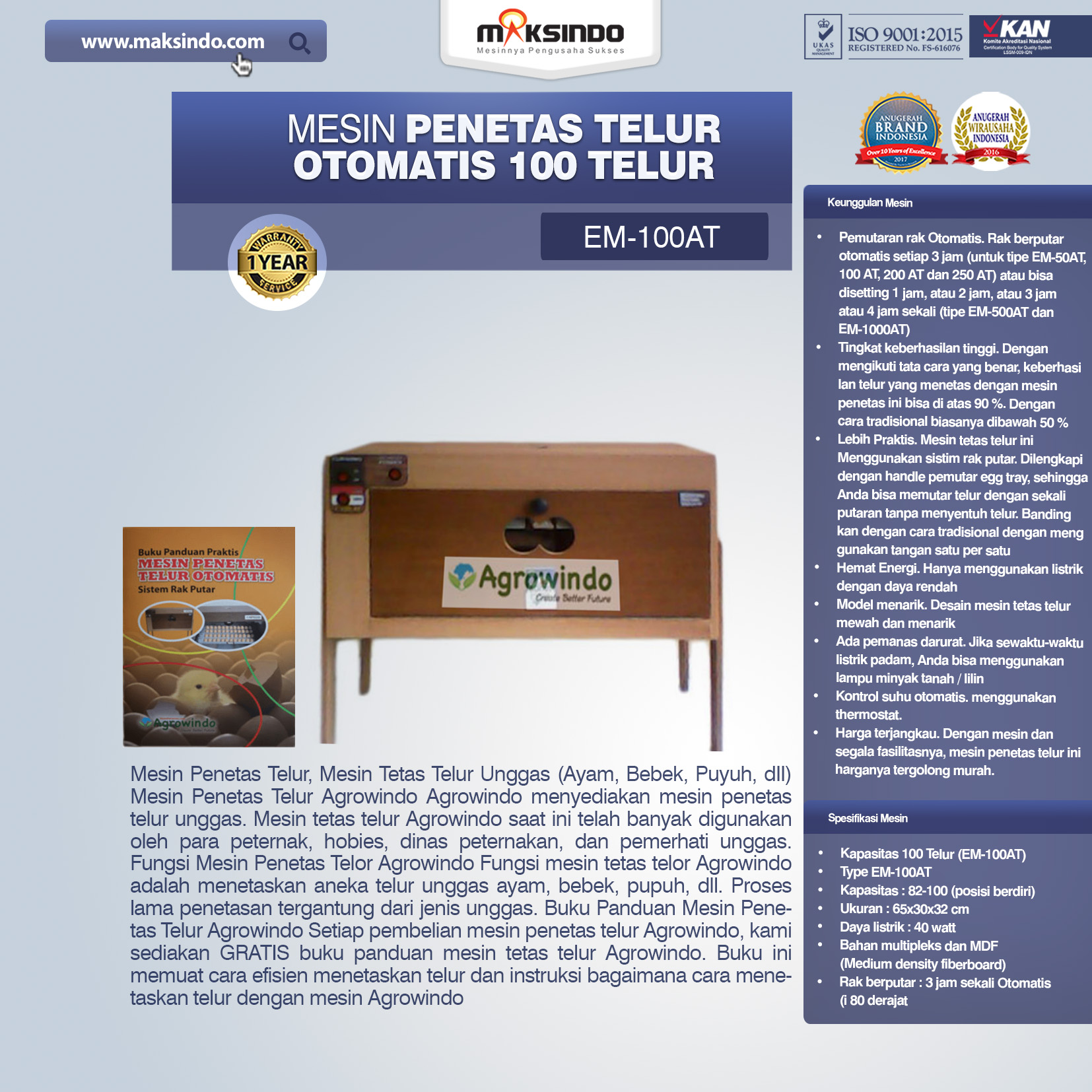 Jual Mesin Penetas Telur Otomatis 100 Telur (EM-100AT) di Malang