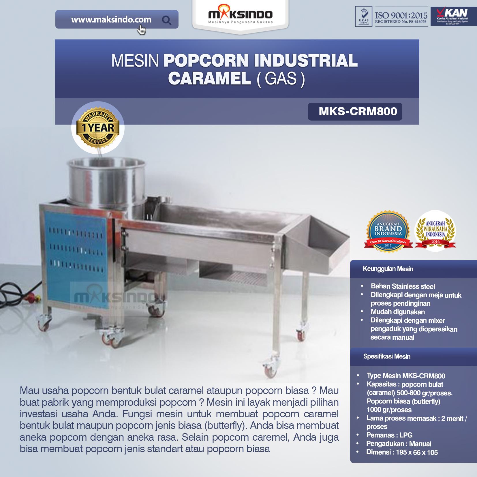 Jual Mesin Popcorn Industrial Caramel (Gas) – CRM800 di Malang