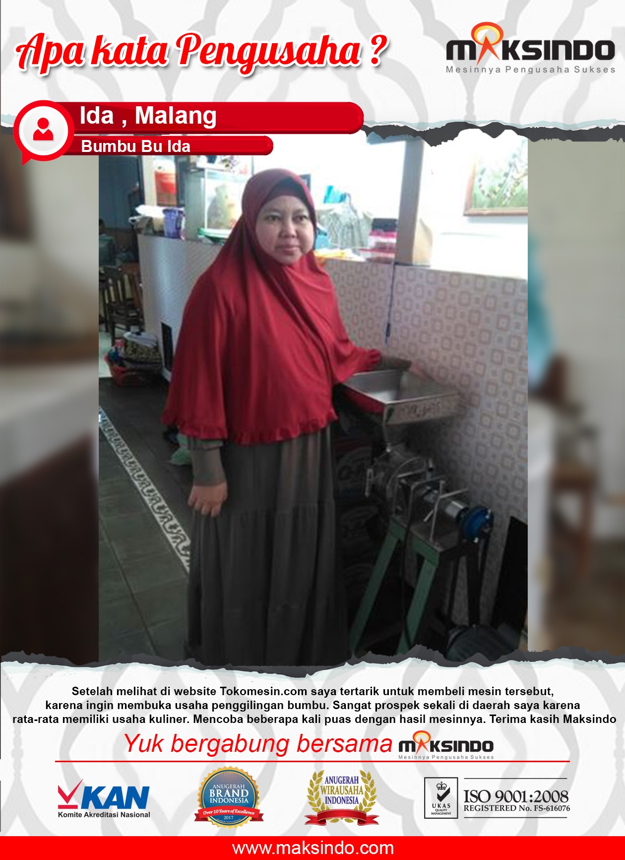 Bumbu Bu Ida : Menjadikan Usaha Bumbu Bu Ida Semakin Berjaya dengan Mesin Penggiling Bumbu Maksindo