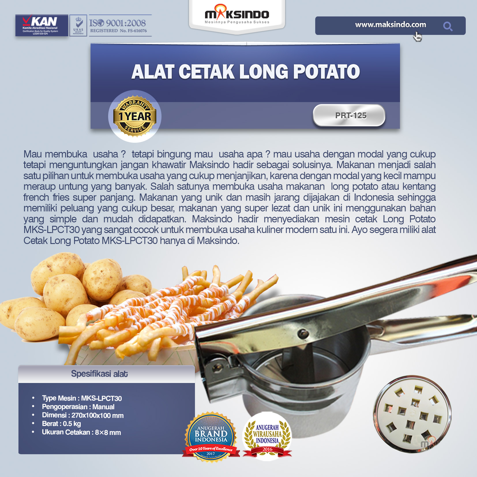 Jual Alat Cetak Long Potato MKS-LPCT30 di Malang