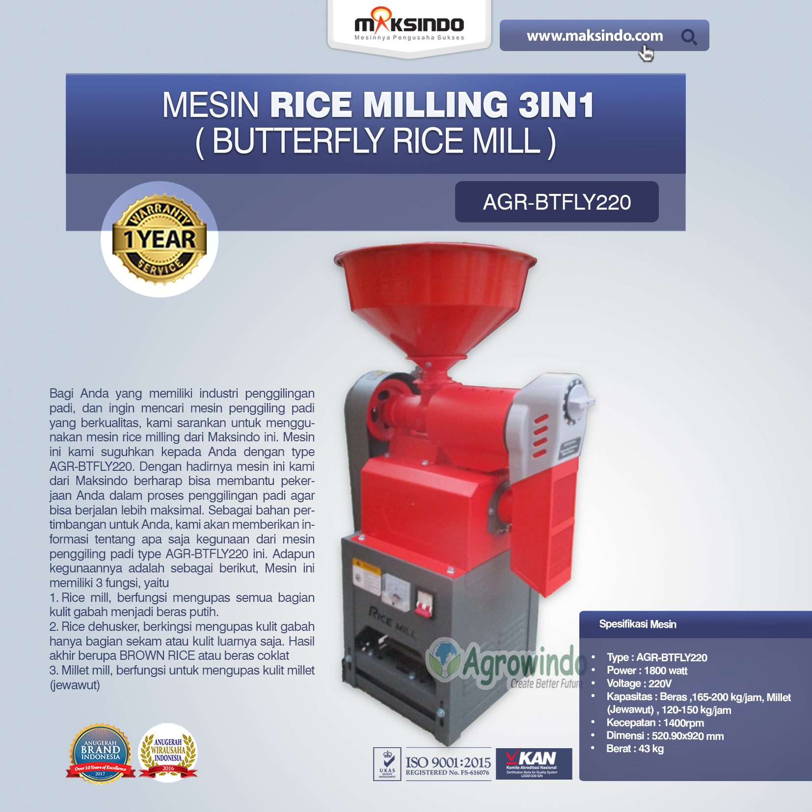 Jual Mesin Rice Milling 3in1 (Butterfly Rice Mill) AGR-BTFLY220 di Malang
