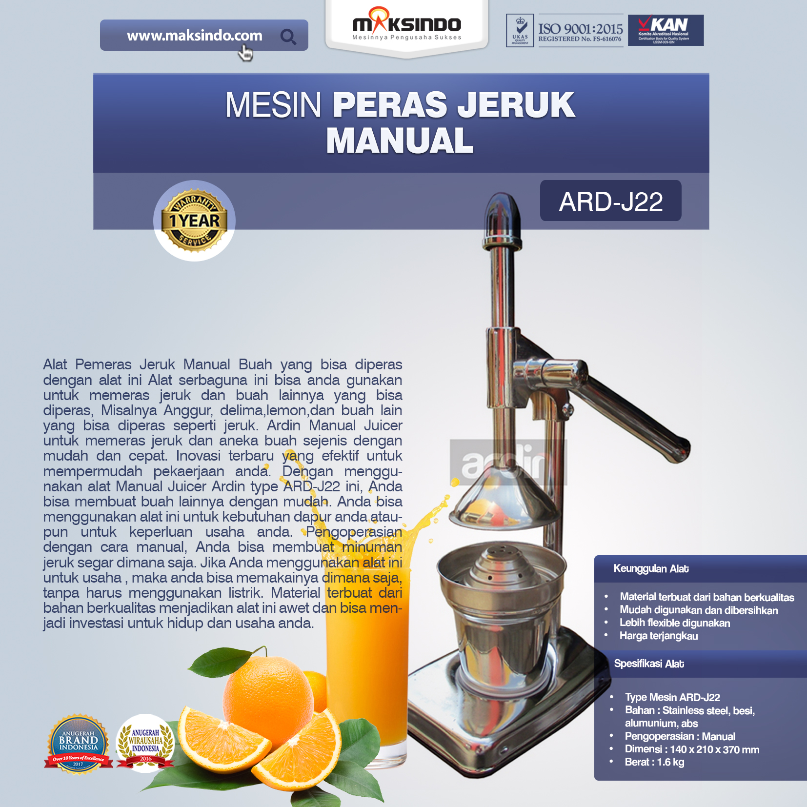 Jual Alat Pemeras Jeruk Manual ARD-J22 di Malang