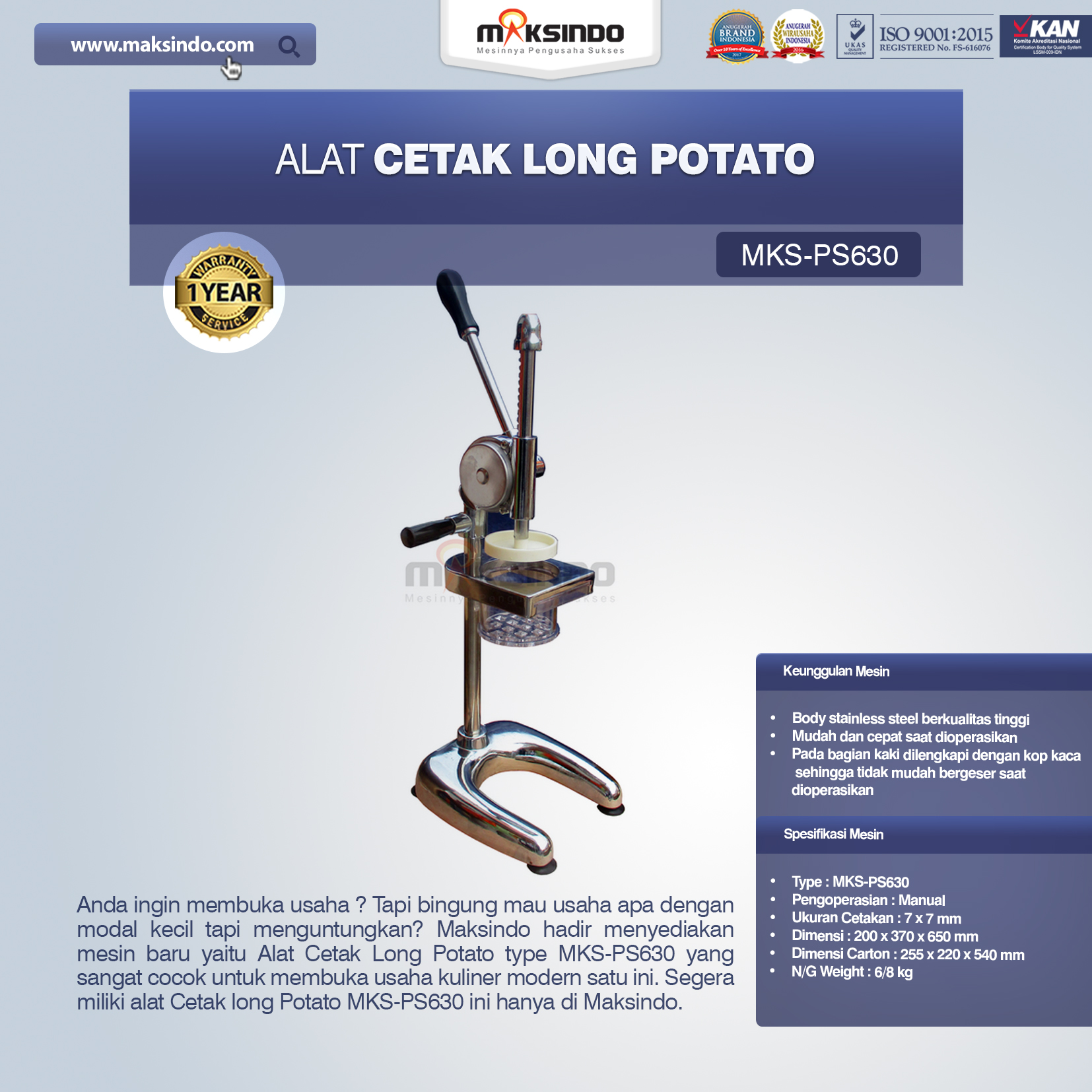 Jual Alat Cetak Long Potato MKS-PS630 di Malang