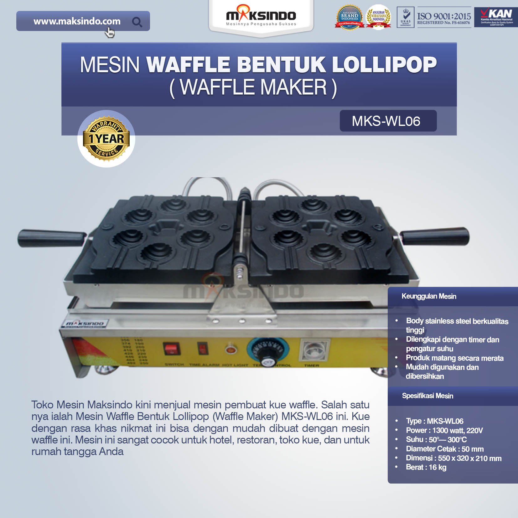 Jual Mesin Waffle Bentuk Lollipop (Waffle Maker) MKS-WL06 di Malang
