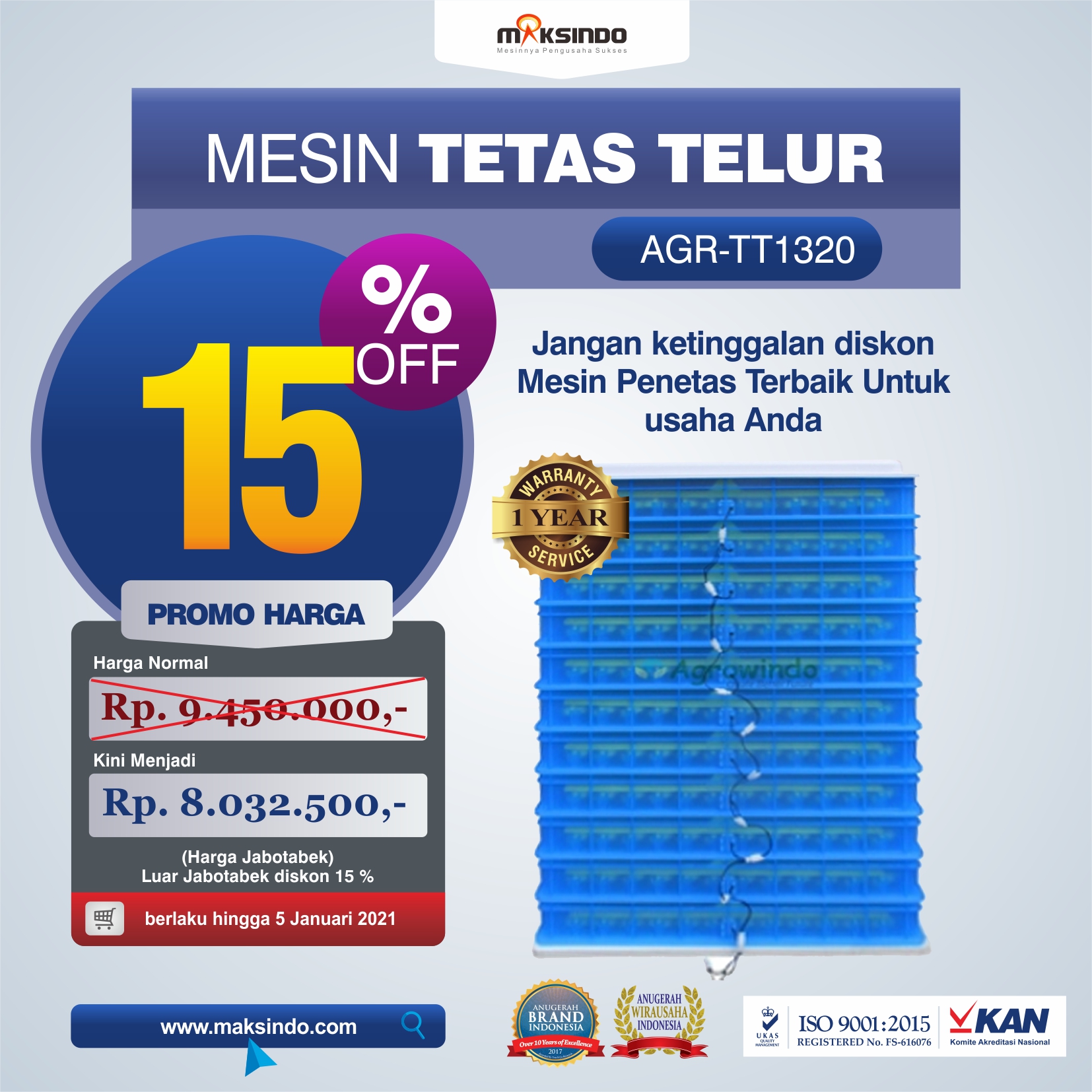 Jual Mesin Penetas Telur AGR-TT1320 Malang